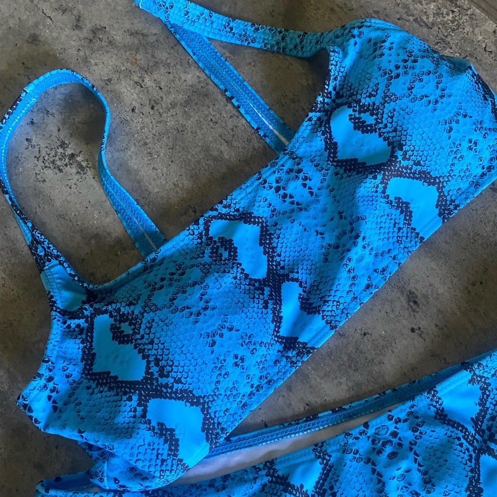 Two piece blue and black snakeskin swimsuit